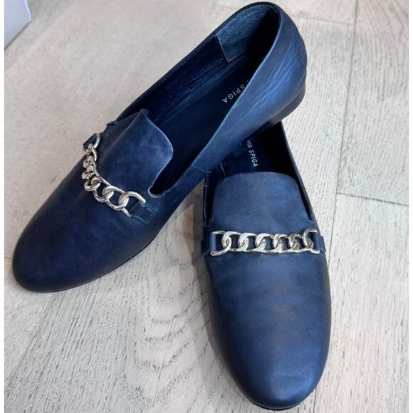 Via Spiga Loafer Yania Gold Chainlink Black Leather Size 8 - Picture 1 of 8